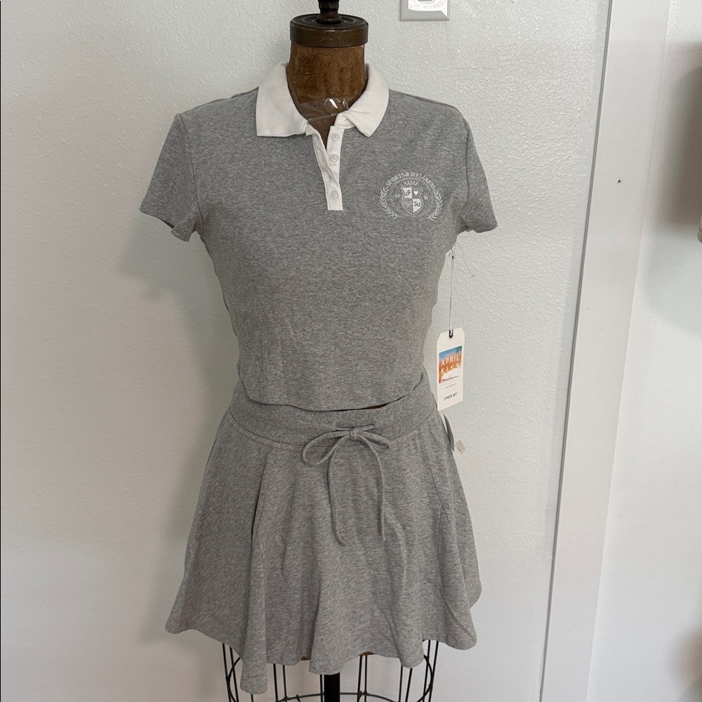 NWT April Kiss Classic Grey and White Tennis Skirt Set  Size M, L